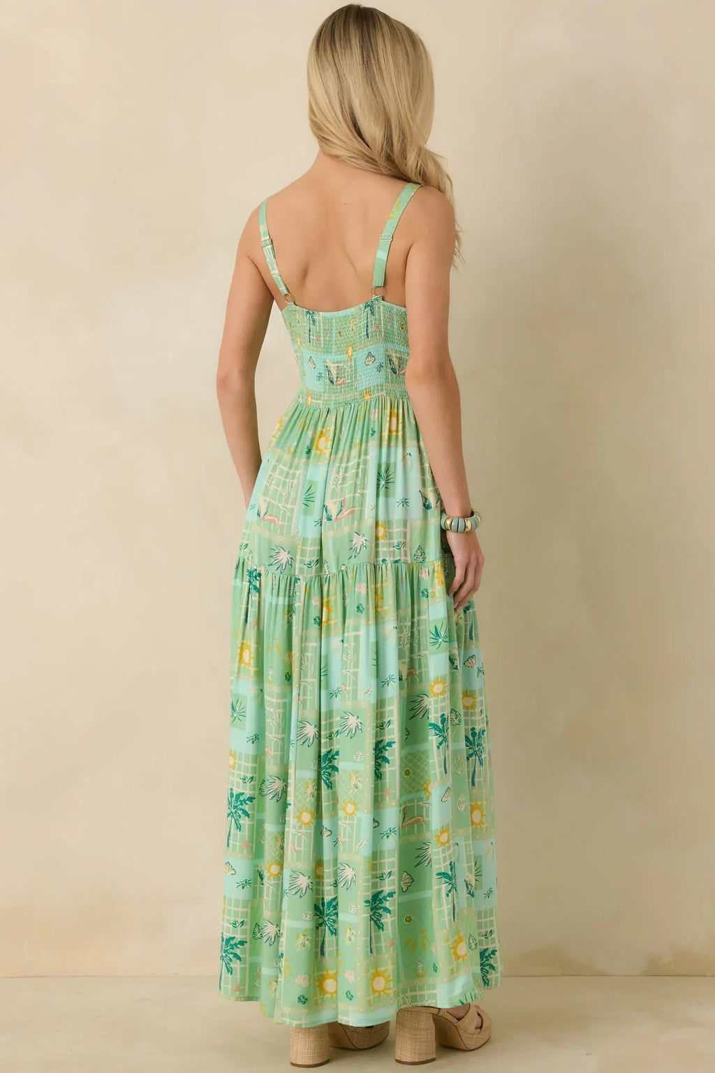 Women's Sunlit Getaway Green Multi Tropical Sleeveless Maxi Dress | 100% Rayon 6