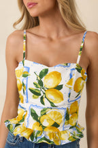 Women's Sweet Citrus Charm White Multi Lemon Print Cotton Peplum Top | 100% Cotton 2