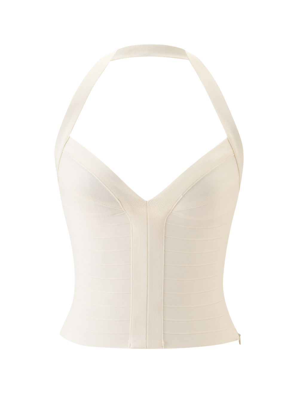 Sydel Collection | Cream Halter Neck Top with Plunging Neckline | Sculpting Bodycon Design for Flattering Fit