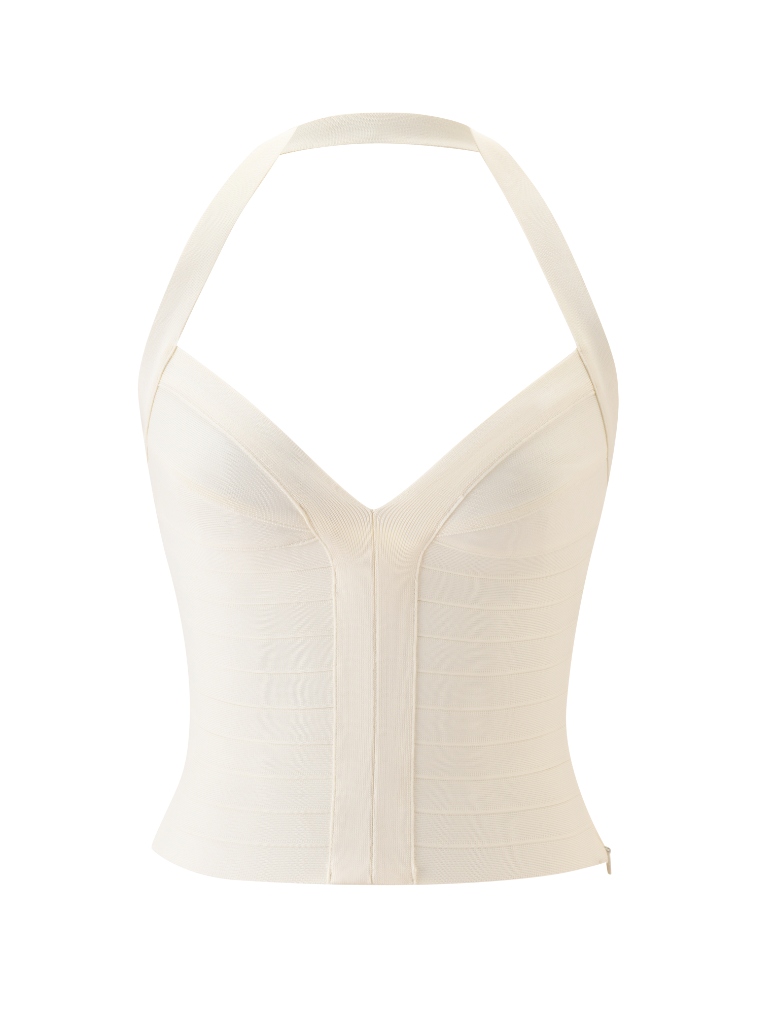 Sydel Collection | Cream Halter Neck Top with Plunging Neckline | Sculpting Bodycon Design for Flattering Fit