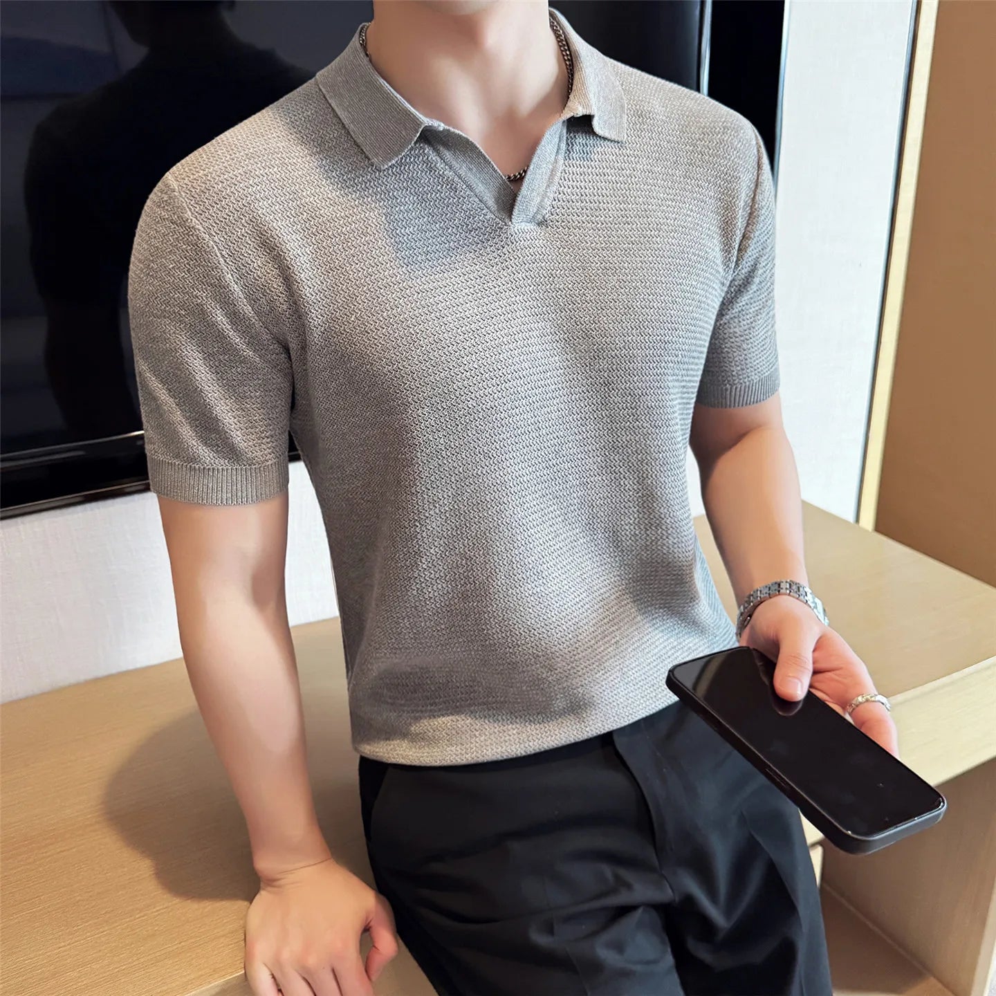 Textured Knit Polo Shirt | Lightweight Knit with Open Collar | Versatile Casual Wear