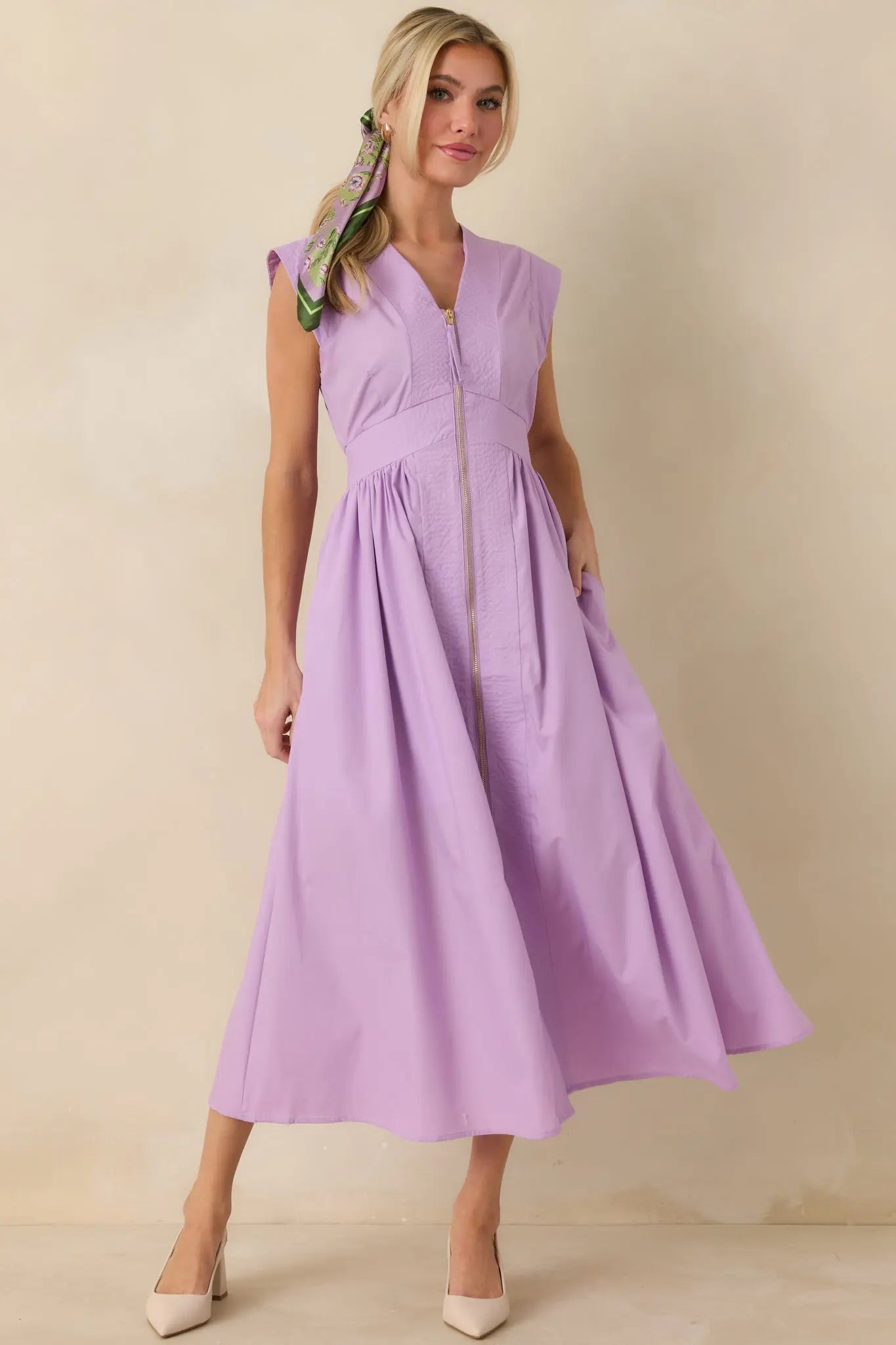 Women's The Adeline Lavender Zip Up Midi Dress | 80% Polyester & 20% Cotton 2