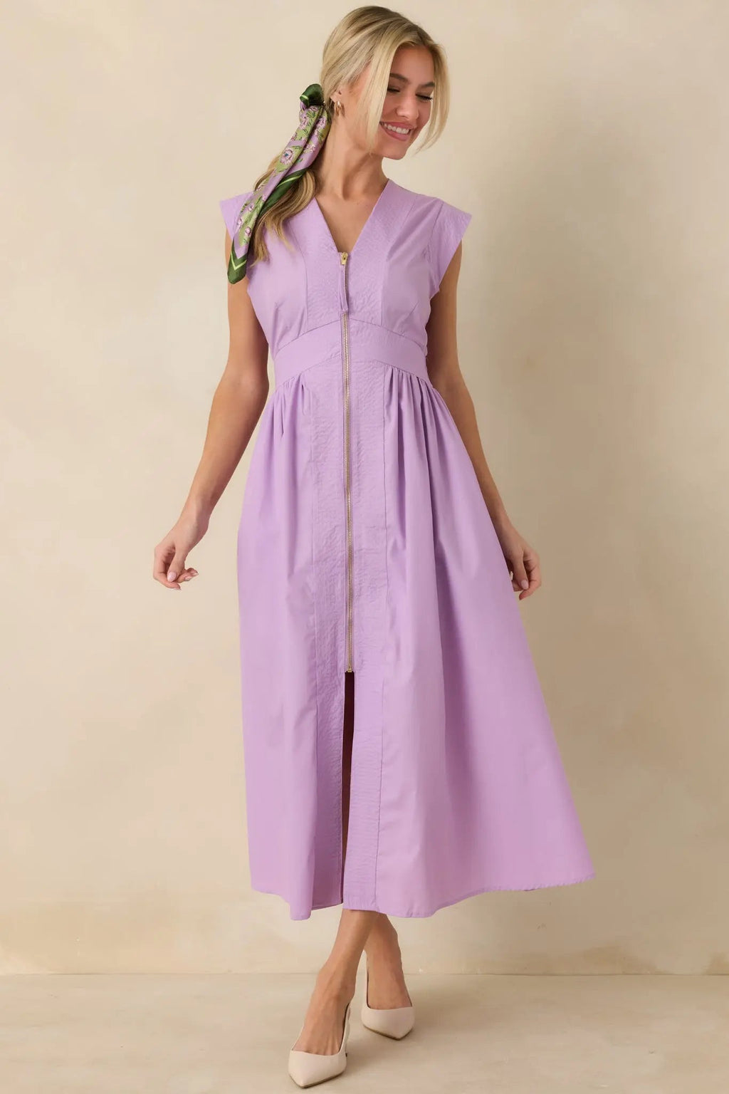 Women's The Adeline Lavender Zip Up Midi Dress | 80% Polyester & 20% Cotton 4