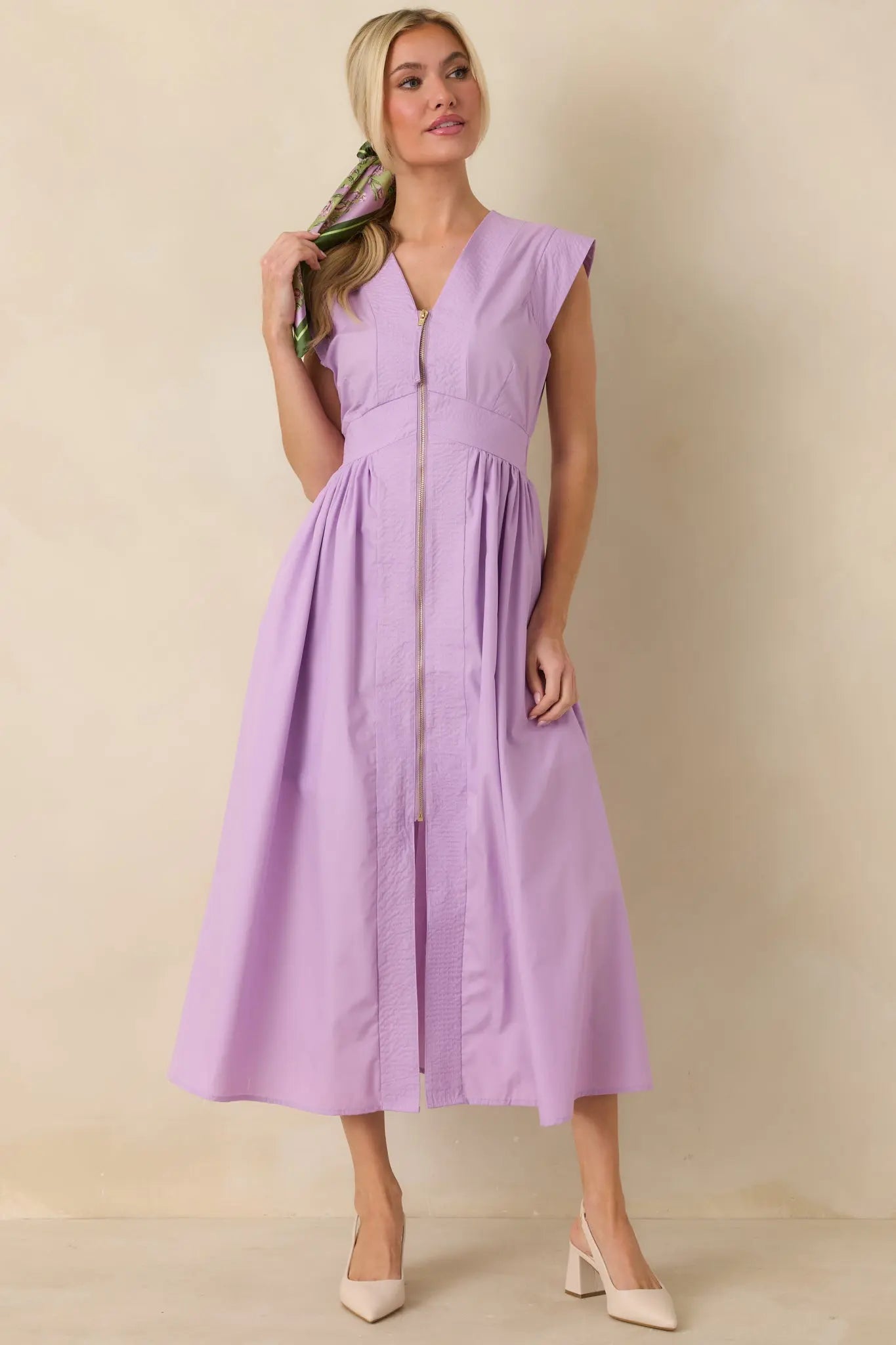 Women's The Adeline Lavender Zip Up Midi Dress | 80% Polyester & 20% Cotton 5