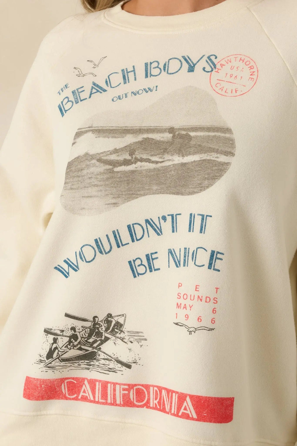 Women's The Beach Boys Wouldn't It Be Nice Ivory Vintage Raglan Sweatshirt | 80% Cotton & 20% Polyester 3