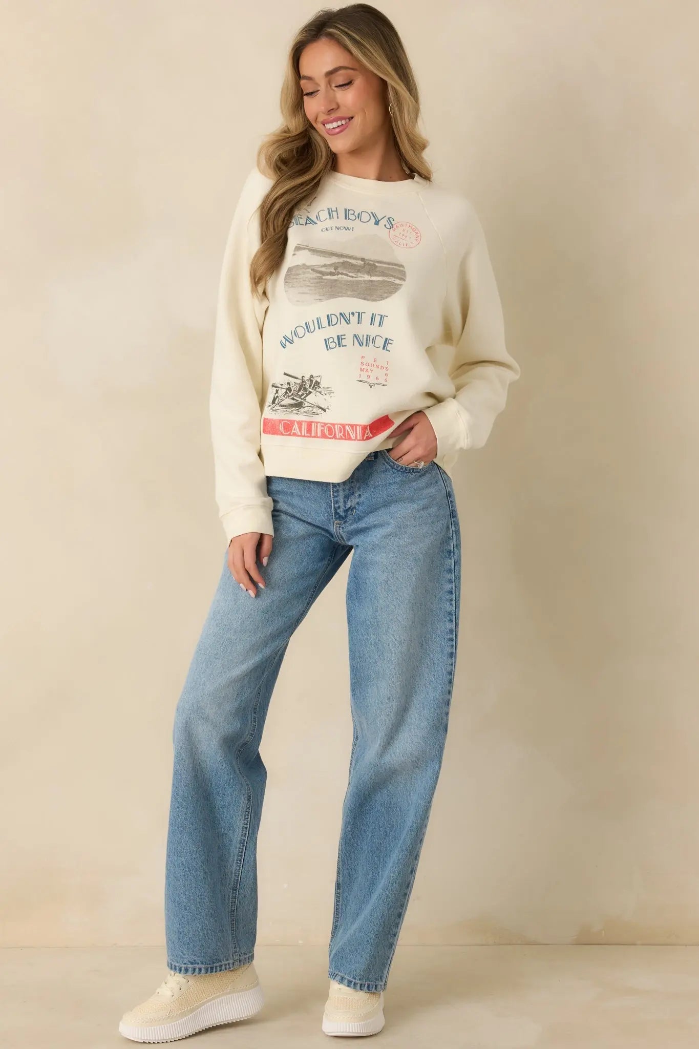 Women's The Beach Boys Wouldn't It Be Nice Ivory Vintage Raglan Sweatshirt | 80% Cotton & 20% Polyester 4