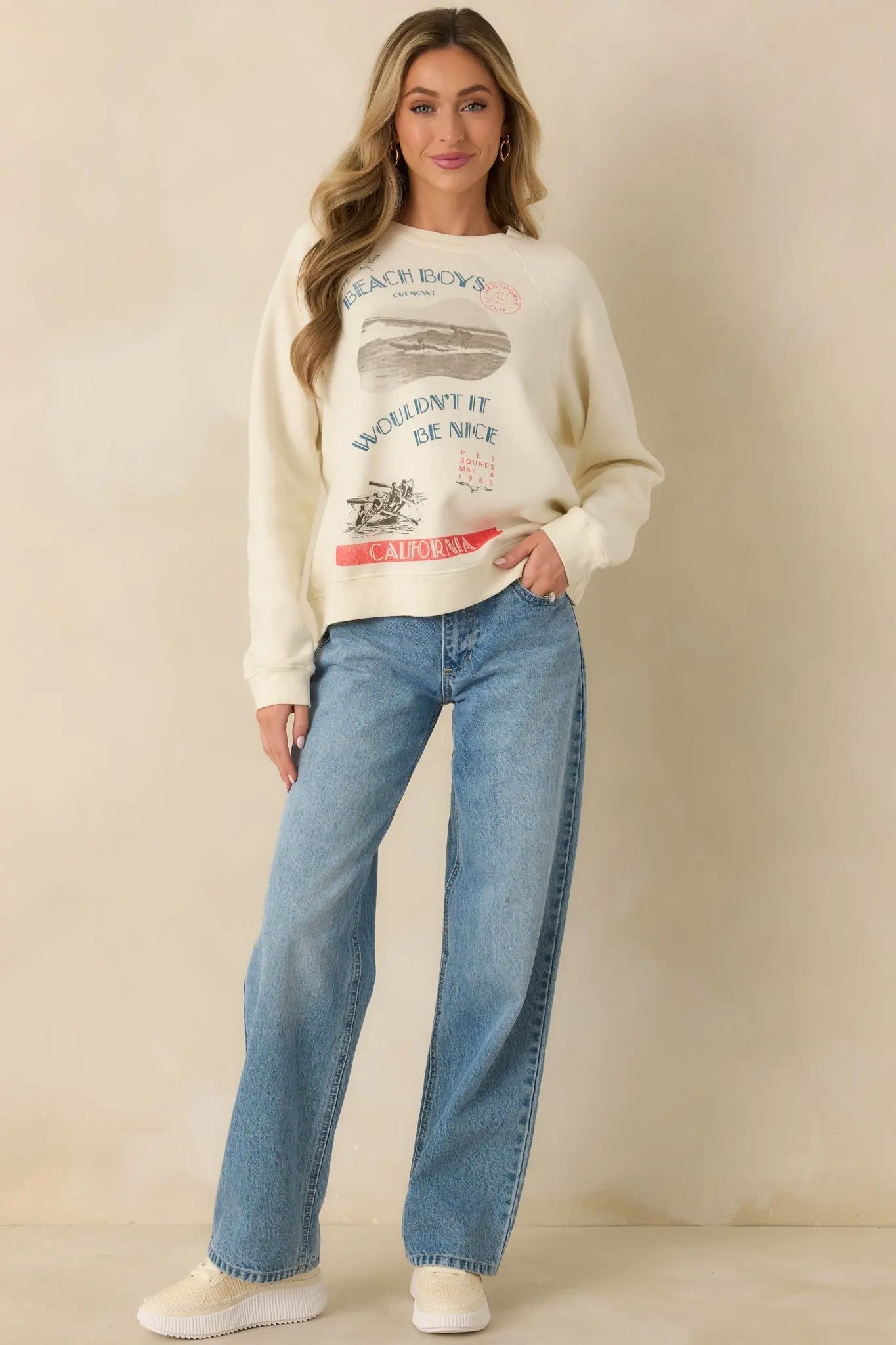 Women's The Beach Boys Wouldn't It Be Nice Ivory Vintage Raglan Sweatshirt | 80% Cotton & 20% Polyester 5