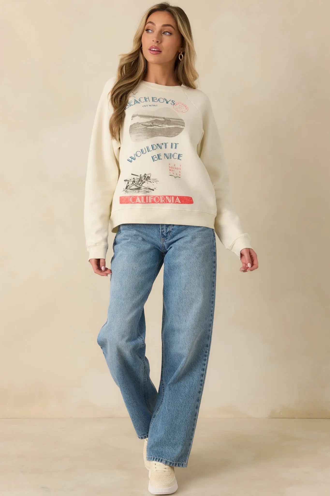 Women's The Beach Boys Wouldn't It Be Nice Ivory Vintage Raglan Sweatshirt | 80% Cotton & 20% Polyester 7