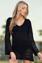 Women's The Breeze In My Hair Black Open Knit Cover Up Mini Dress | 100% Polyester 3