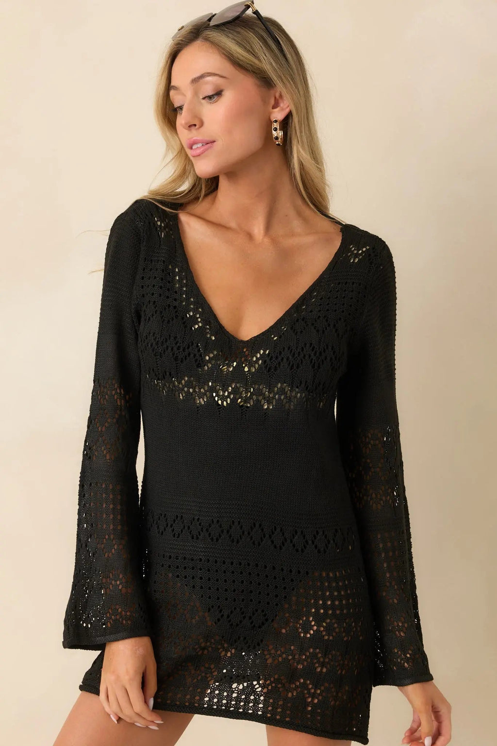 Women's The Breeze In My Hair Black Open Knit Cover Up Mini Dress | 100% Polyester 6