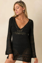 Women's The Breeze In My Hair Black Open Knit Cover Up Mini Dress | 100% Polyester 6