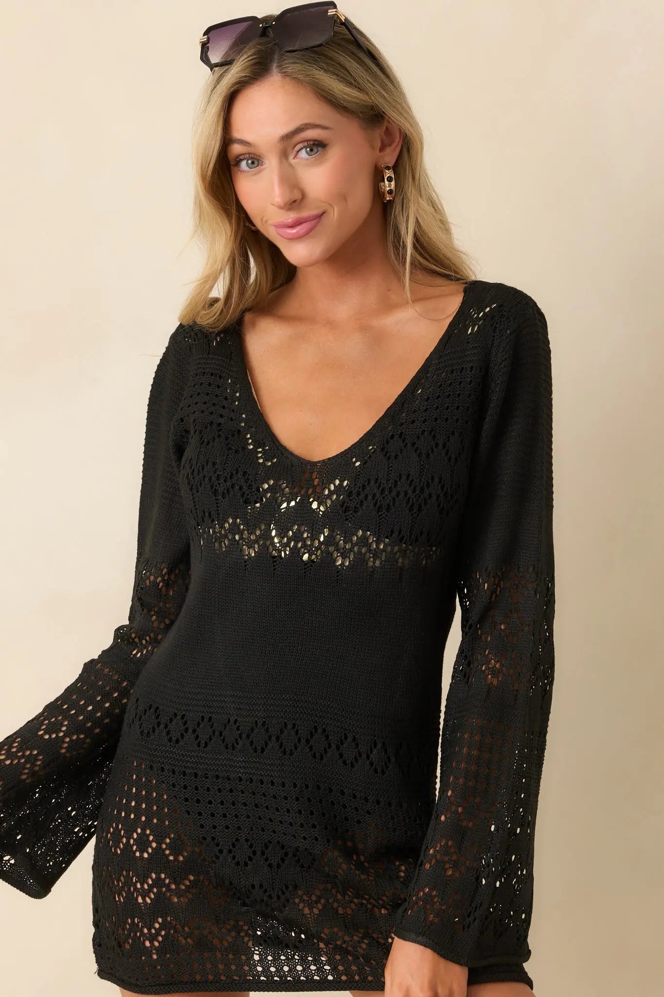 Women's The Breeze In My Hair Black Open Knit Cover Up Mini Dress | 100% Polyester 7