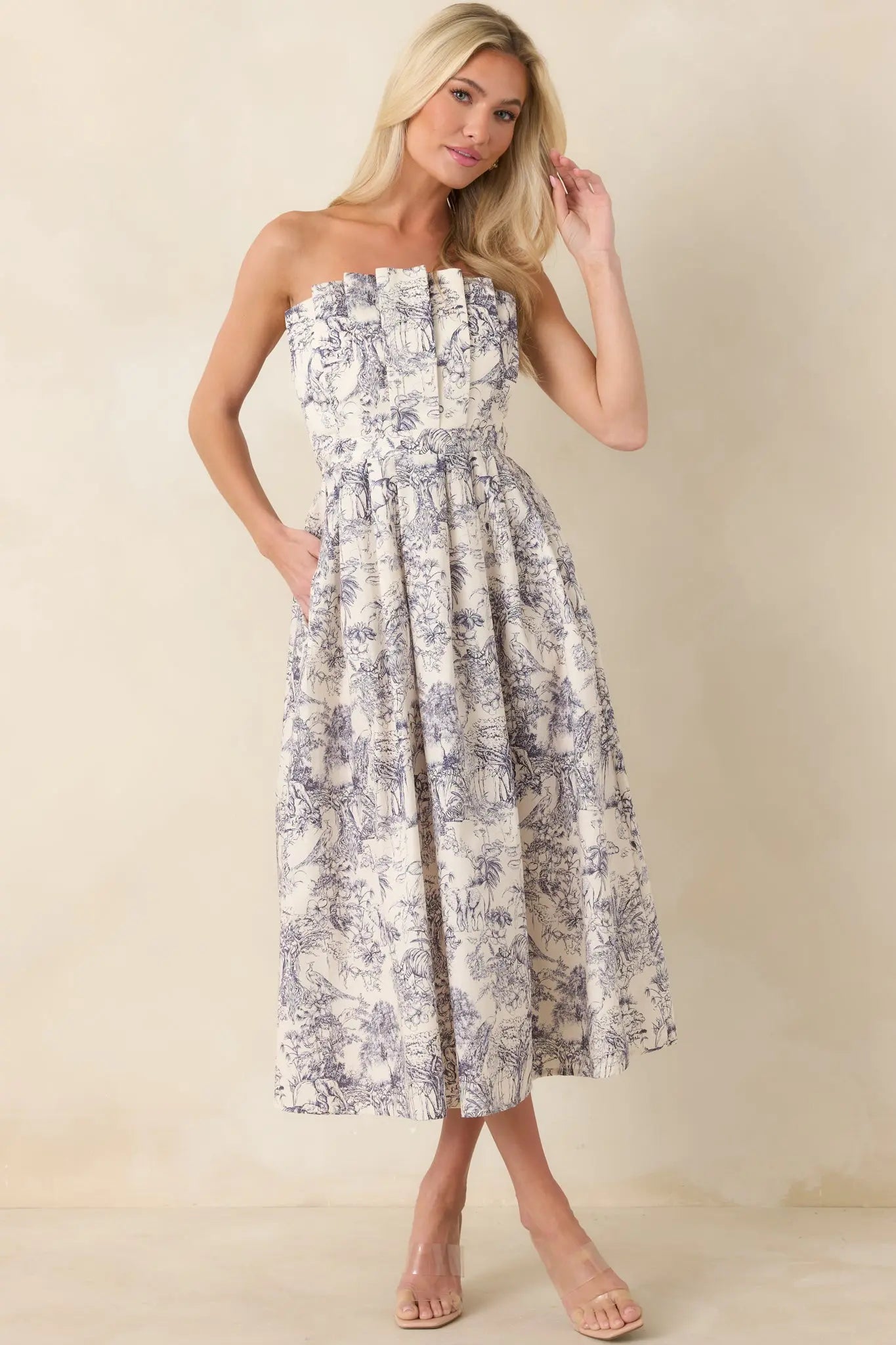 Women's The Genevieve Cotton Navy Blue Toile Strapless Midi Dress | 100% Cotton 4