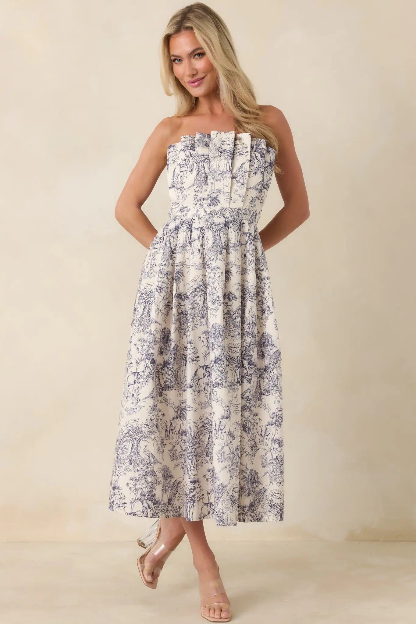 Women's The Genevieve Cotton Navy Blue Toile Strapless Midi Dress | 100% Cotton 5