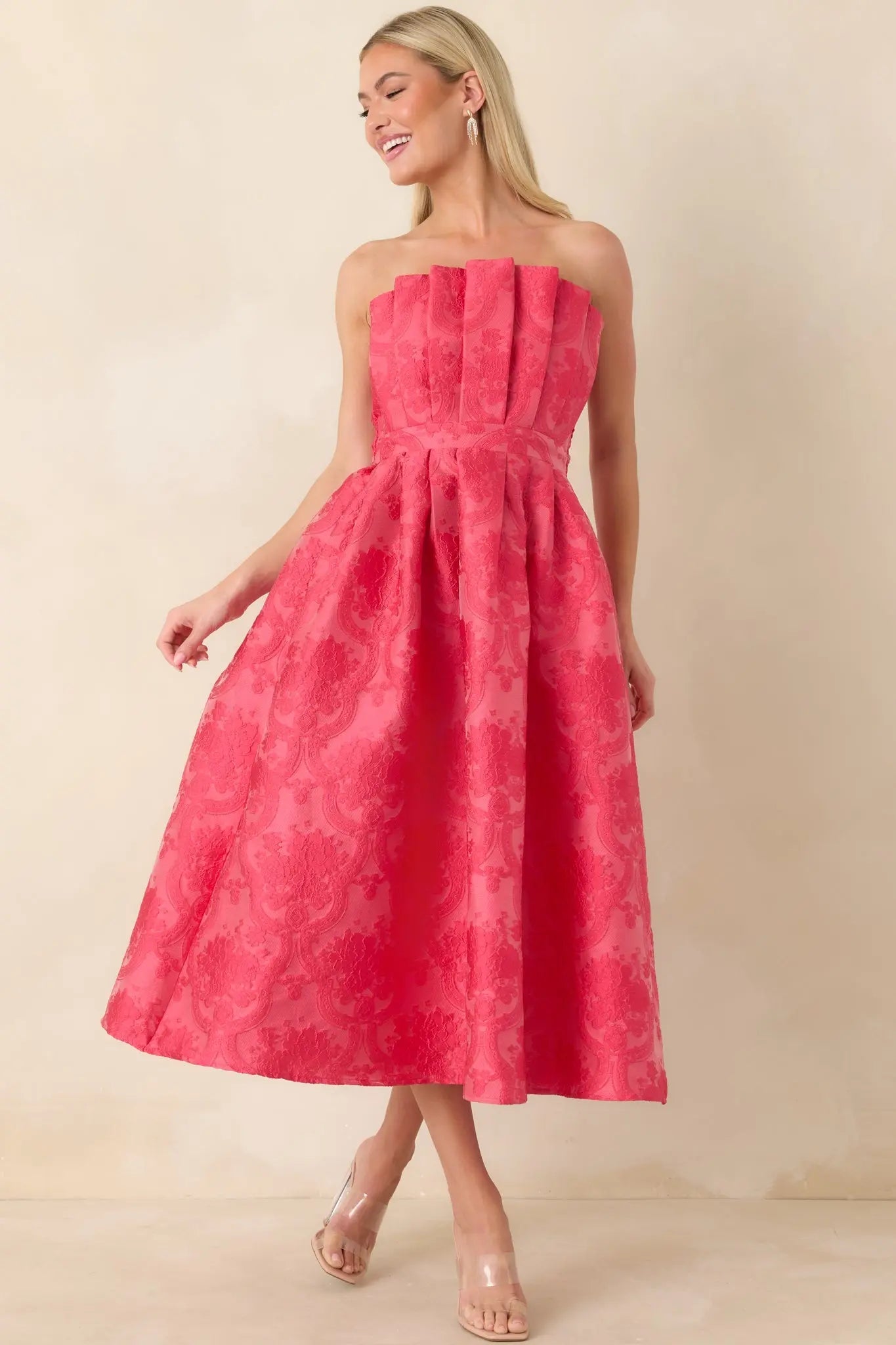 Women's The Genevieve Hot Pink Jacquard Strapless Midi Dress | 82% Polyester 0