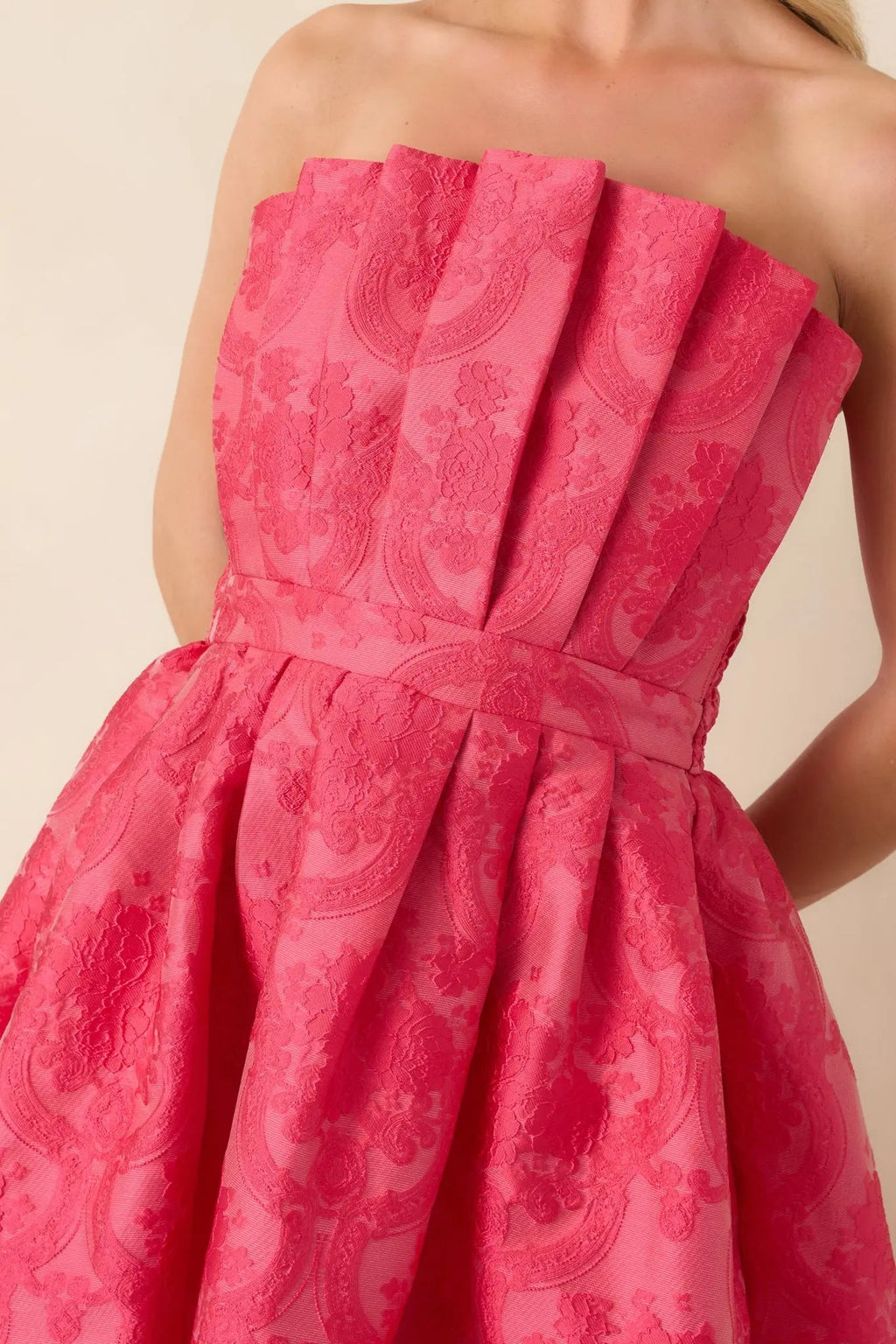 Women's The Genevieve Hot Pink Jacquard Strapless Midi Dress | 82% Polyester 1