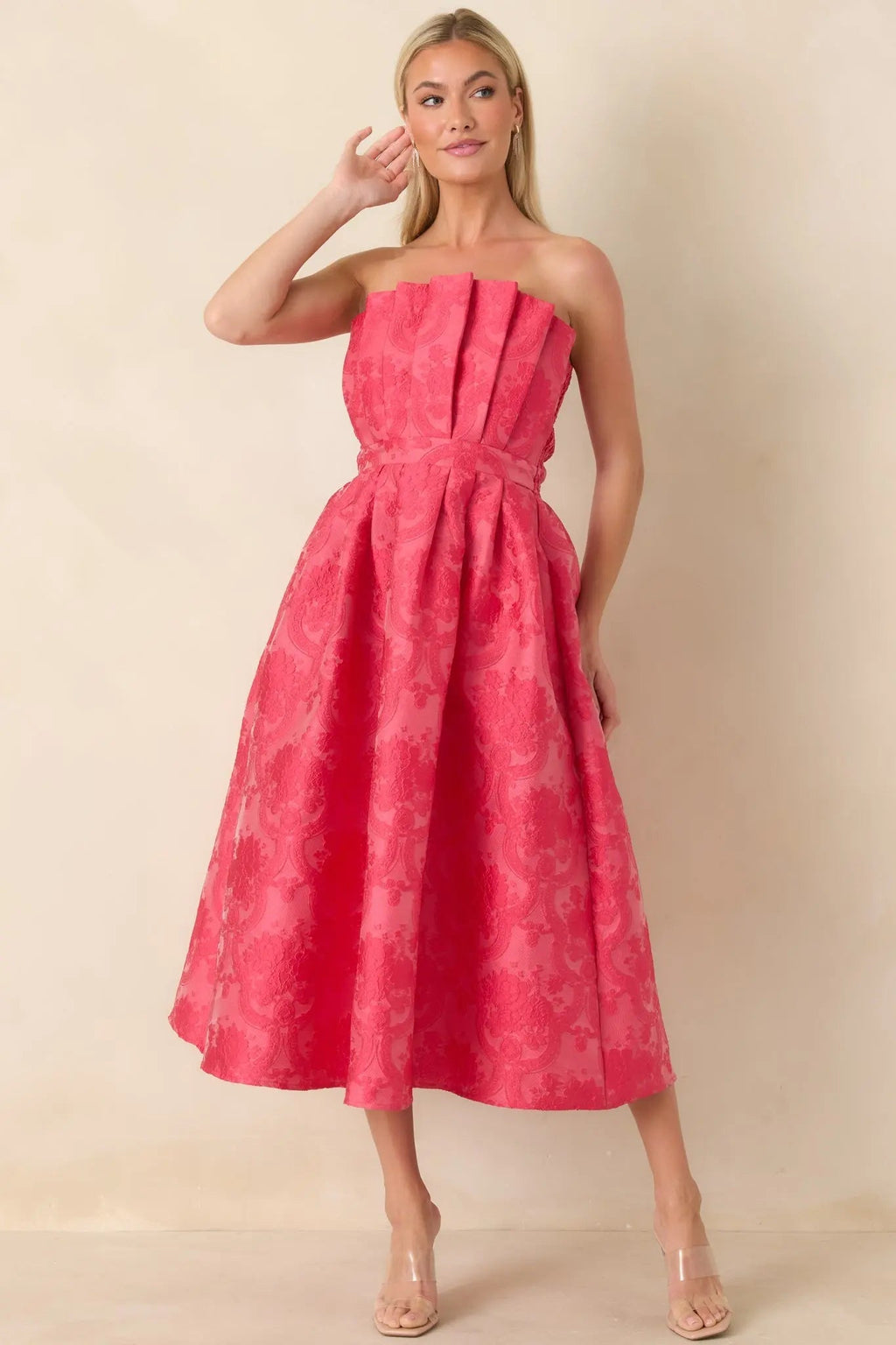 Women's The Genevieve Hot Pink Jacquard Strapless Midi Dress | 82% Polyester 3