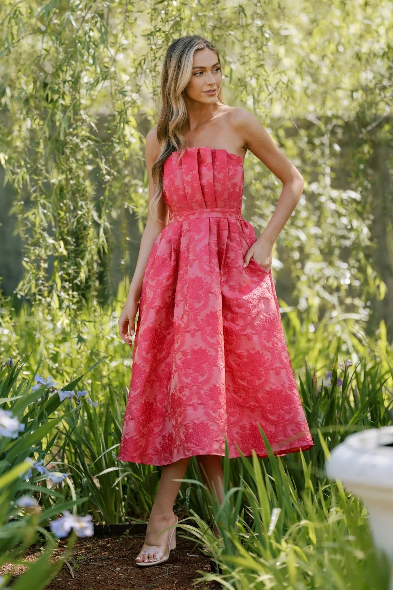 Women's The Genevieve Hot Pink Jacquard Strapless Midi Dress | 82% Polyester 4
