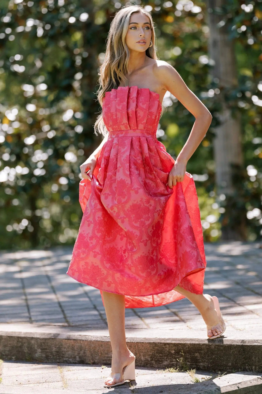 Women's The Genevieve Hot Pink Jacquard Strapless Midi Dress | 82% Polyester 5