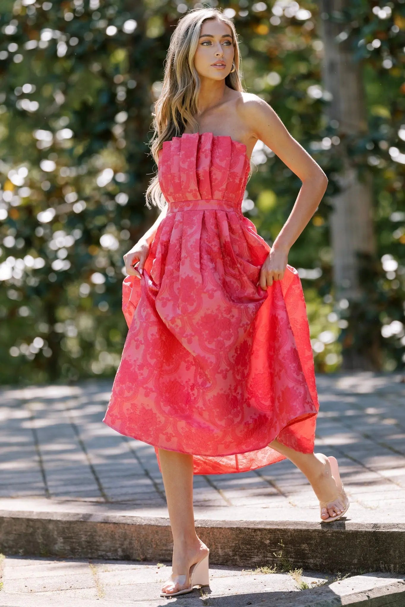 Women's The Genevieve Hot Pink Jacquard Strapless Midi Dress | 82% Polyester 5