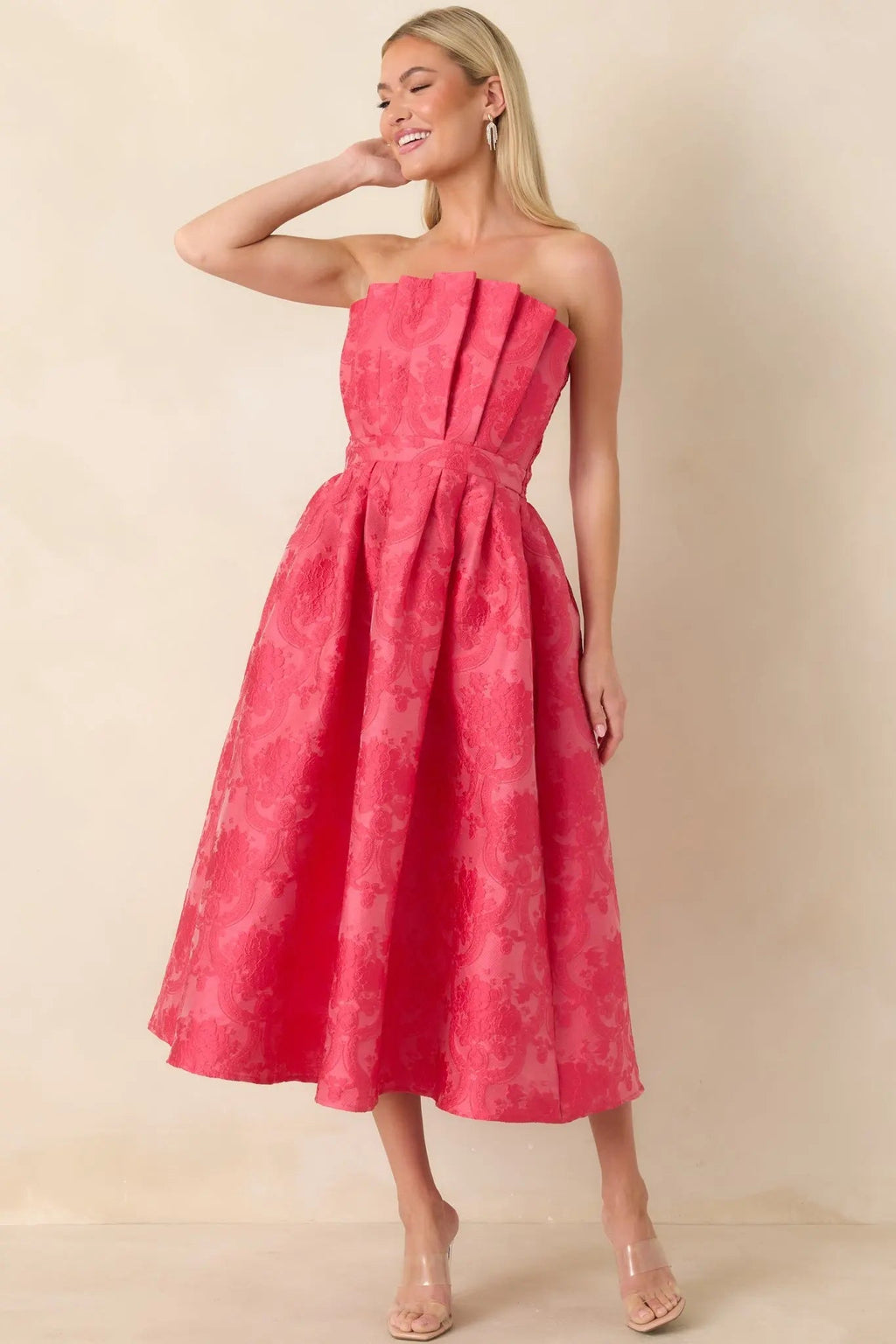 Women's The Genevieve Hot Pink Jacquard Strapless Midi Dress | 82% Polyester 7