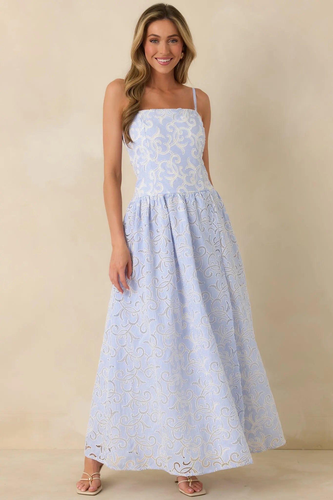 Women's The Space Between Blue Stripe Embroidered Eyelet Maxi Dress | 97% Polyester & 3% Spandex 0