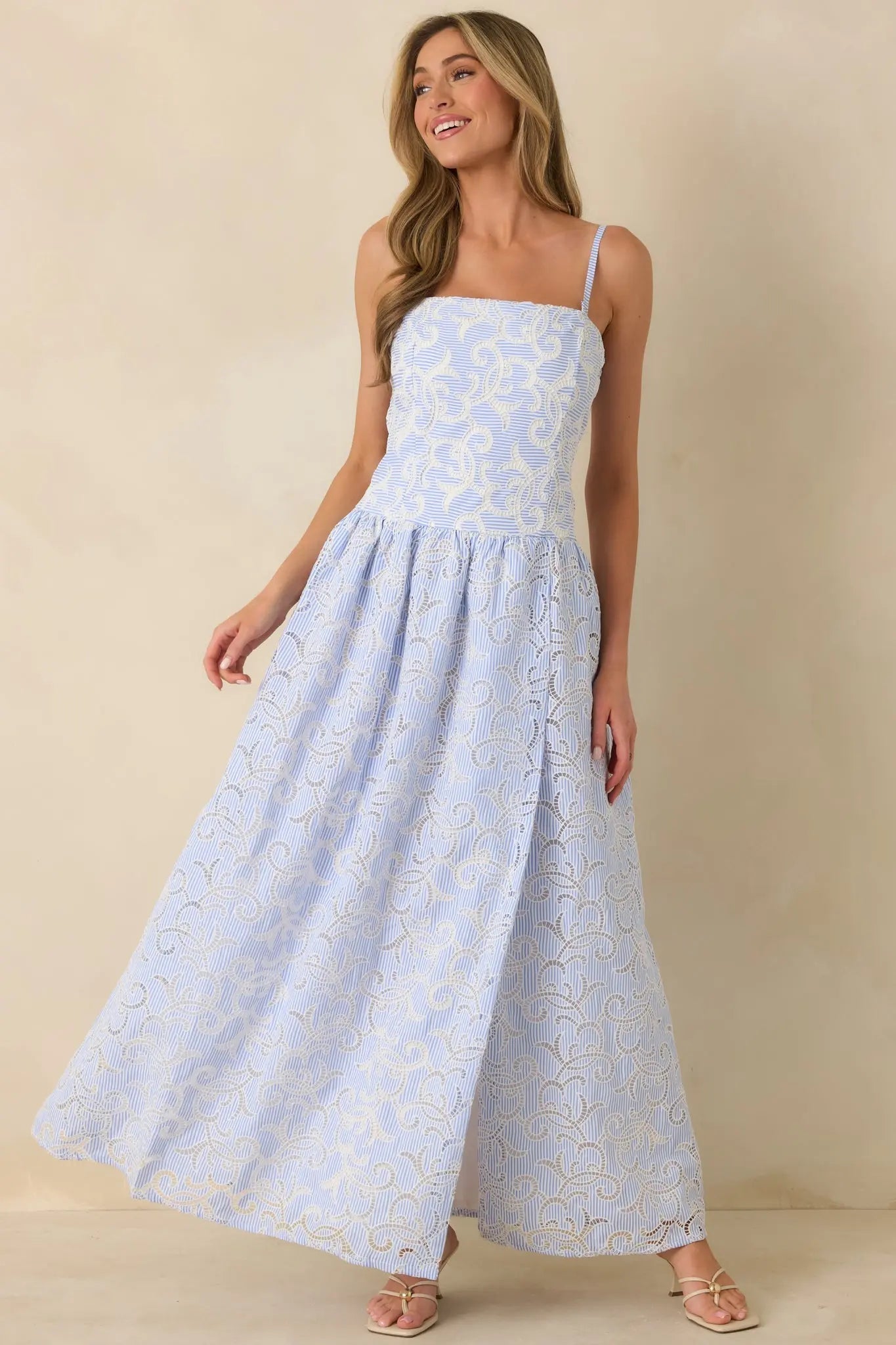 Women's The Space Between Blue Stripe Embroidered Eyelet Maxi Dress | 97% Polyester & 3% Spandex 2