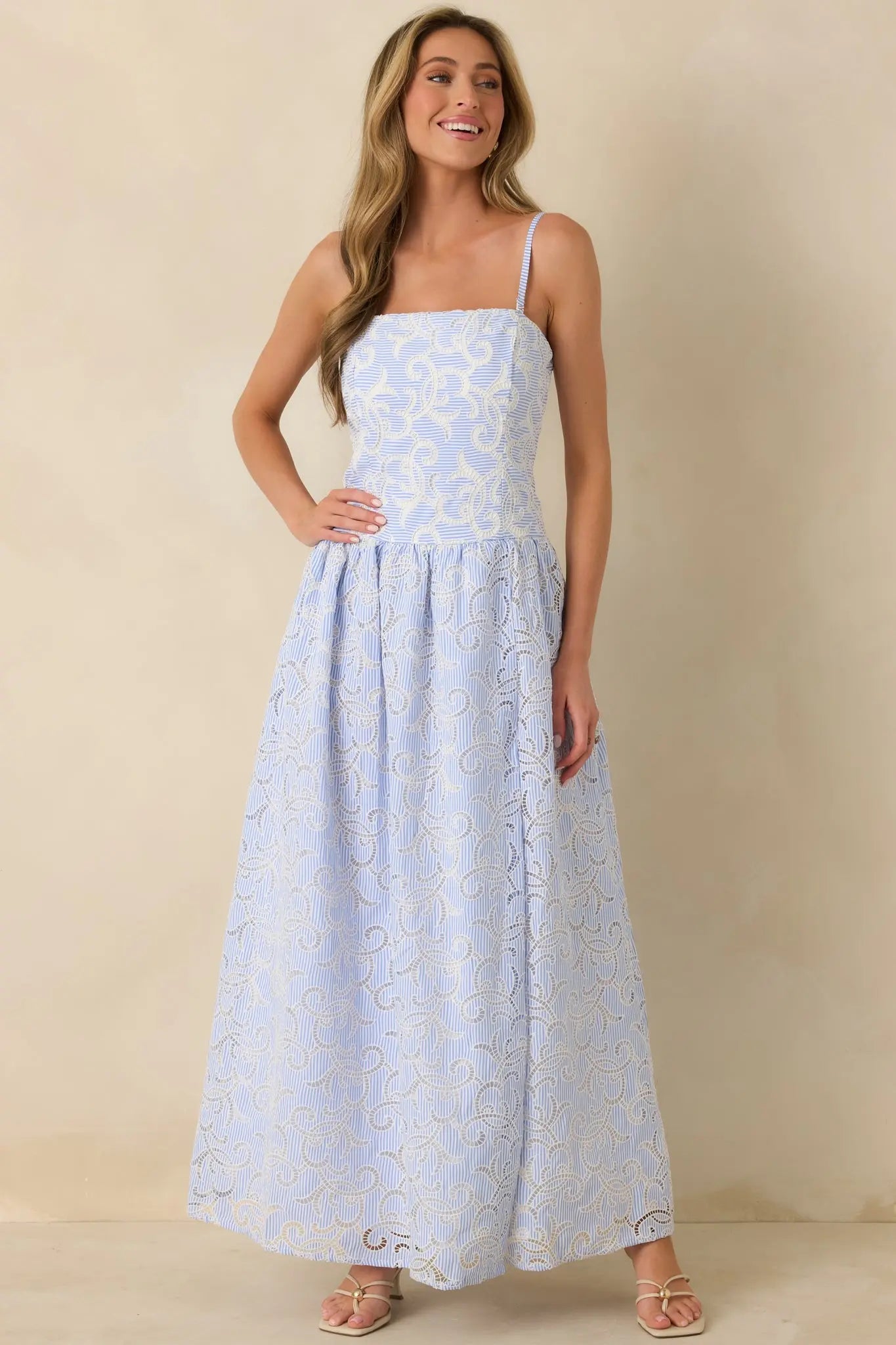 Women's The Space Between Blue Stripe Embroidered Eyelet Maxi Dress | 97% Polyester & 3% Spandex 3