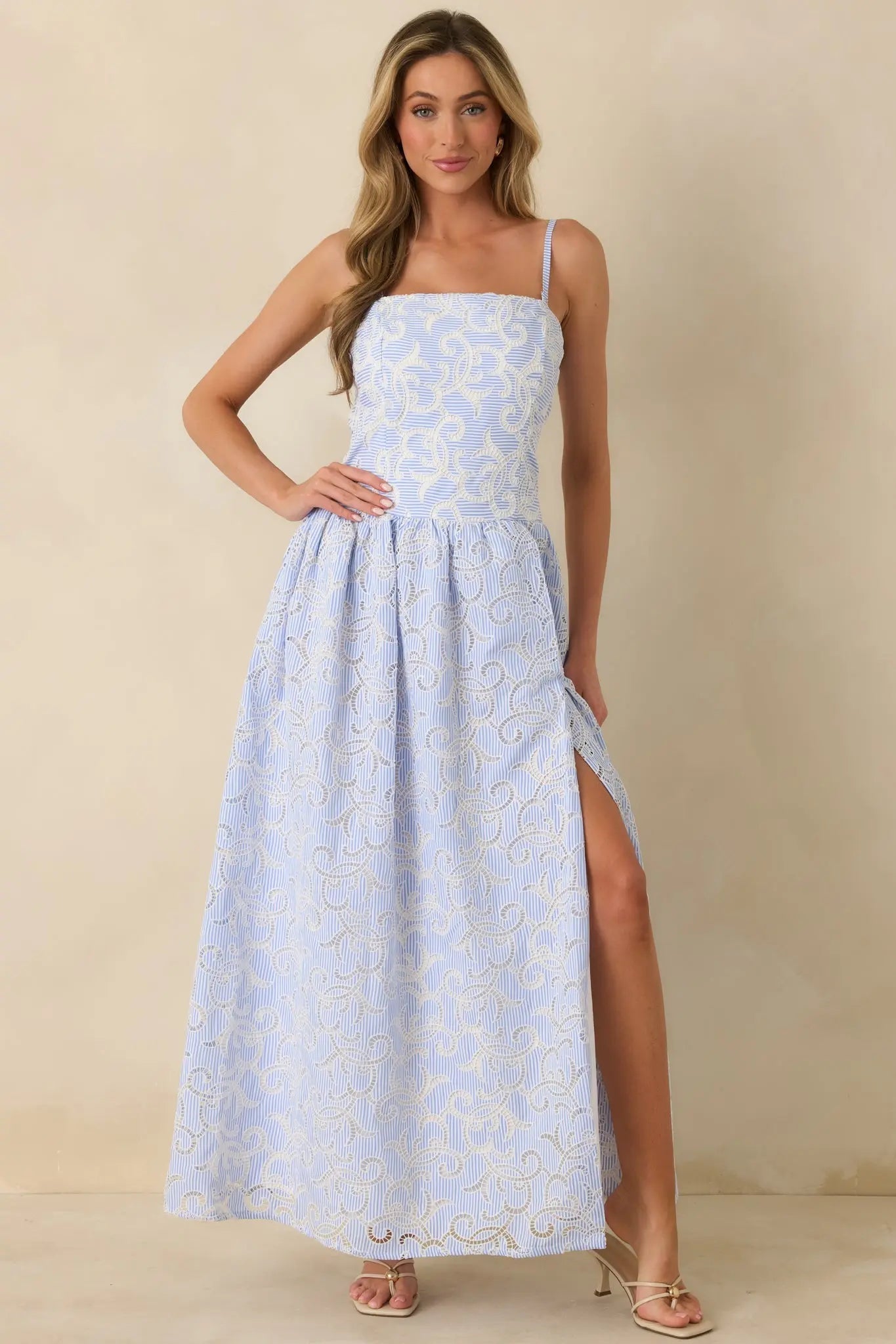 Women's The Space Between Blue Stripe Embroidered Eyelet Maxi Dress | 97% Polyester & 3% Spandex 4