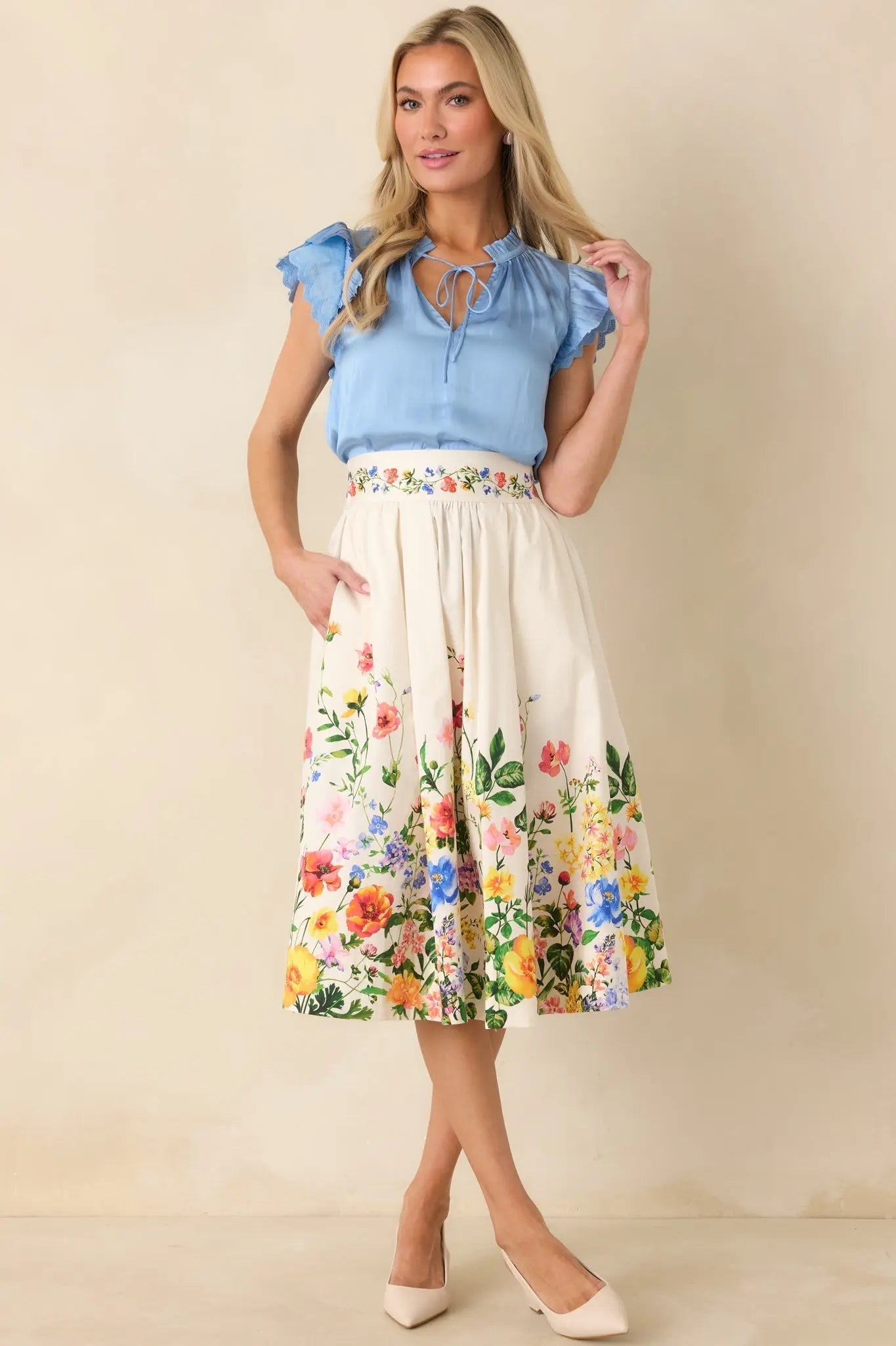 Women's The Way It Unfolded Blue Ruffle & Lace Trim V-Neck Blouse | 50% Recycled Polyester & 50% Polyester Contrast: 1 2