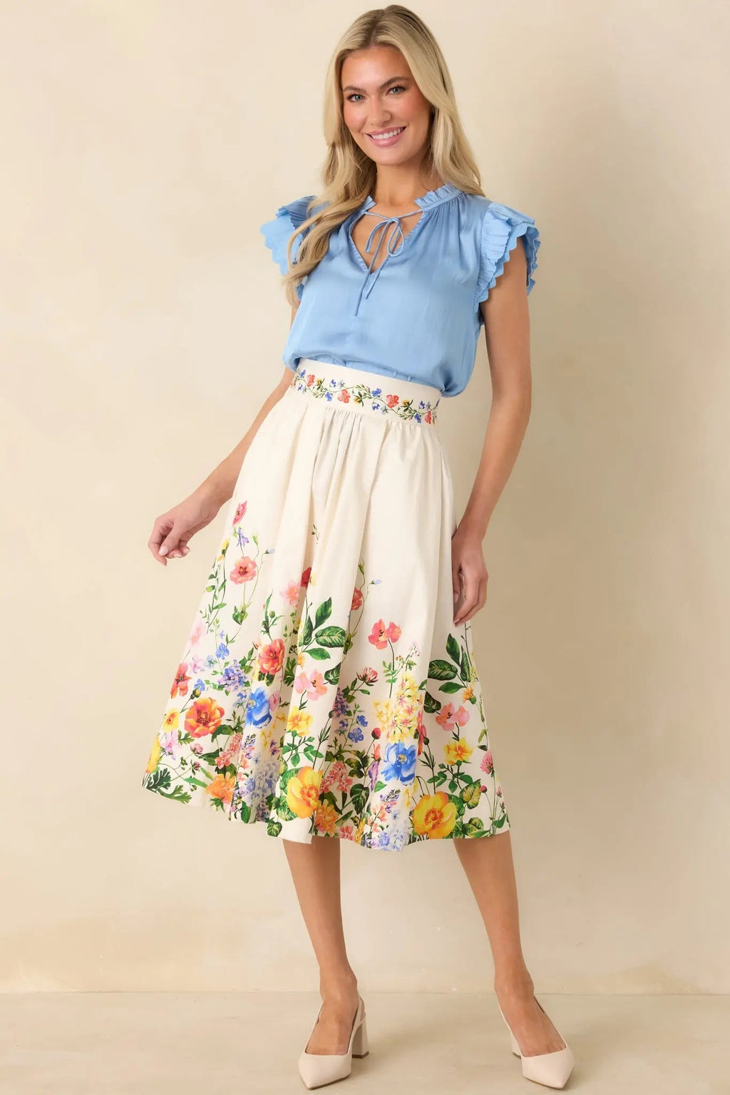 Women's The Way It Unfolded Blue Ruffle & Lace Trim V-Neck Blouse | 50% Recycled Polyester & 50% Polyester Contrast: 1 3