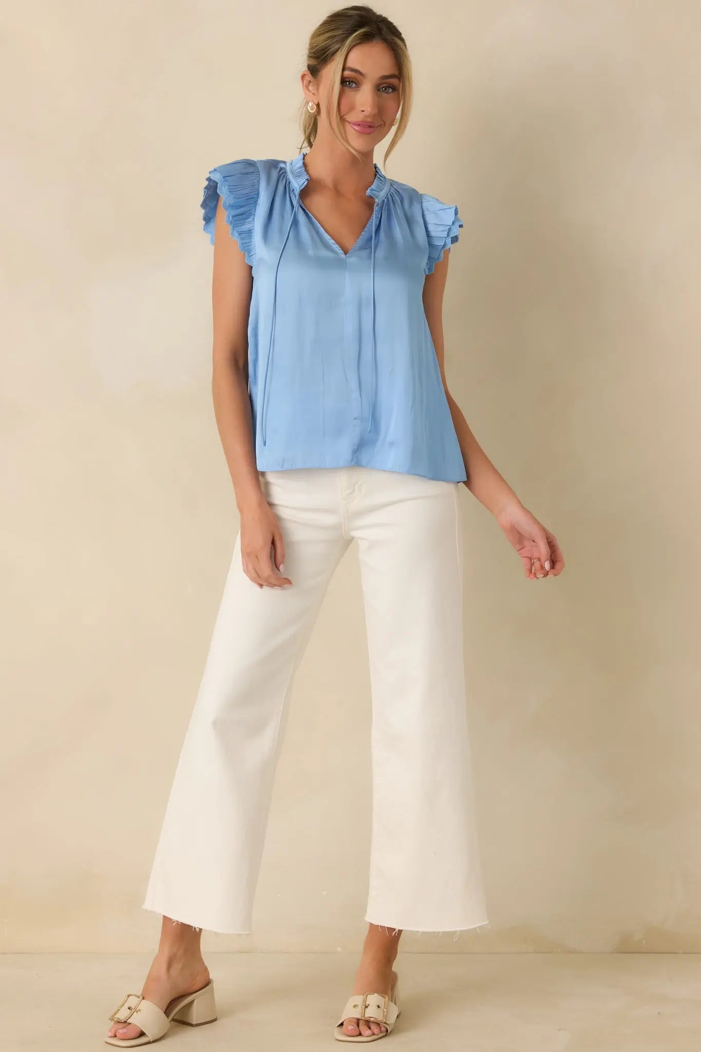 Women's The Way It Unfolded Blue Ruffle & Lace Trim V-Neck Blouse | 50% Recycled Polyester & 50% Polyester Contrast: 1 7