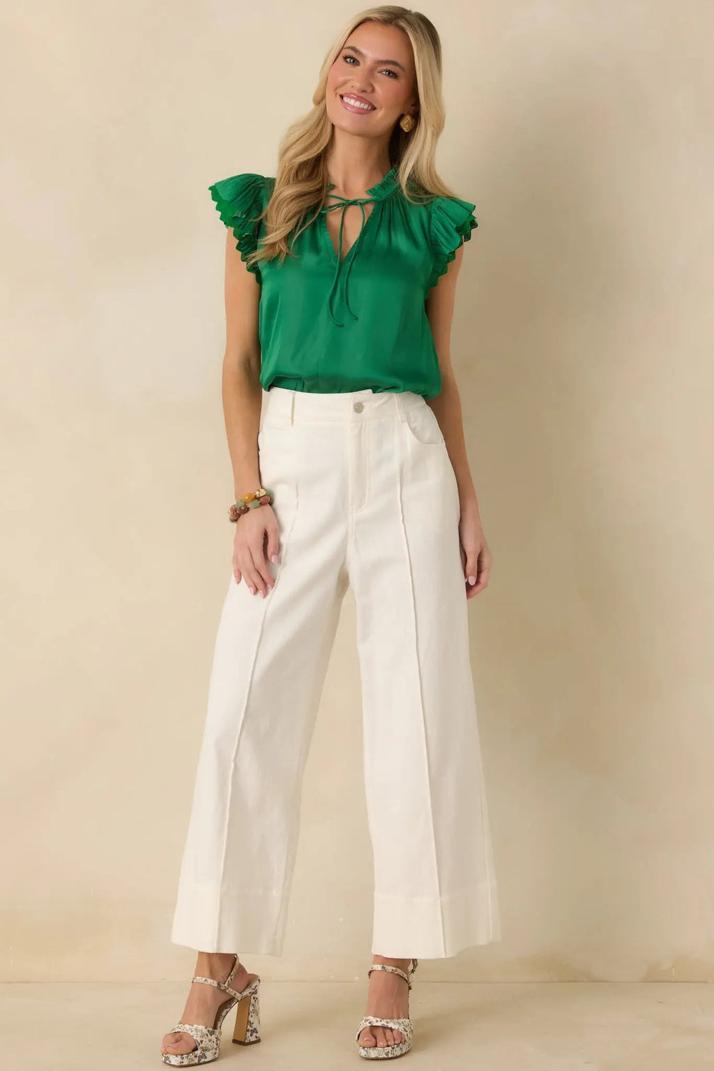 Women's The Way It Unfolded Green Ruffle & Lace Trim V-Neck Blouse | 50% Recycled Polyester & 50% Polyester Contrast: 1 0