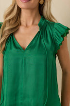 Women's The Way It Unfolded Green Ruffle & Lace Trim V-Neck Blouse | 50% Recycled Polyester & 50% Polyester Contrast: 1 3