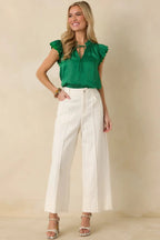 Women's The Way It Unfolded Green Ruffle & Lace Trim V-Neck Blouse | 50% Recycled Polyester & 50% Polyester Contrast: 1 4