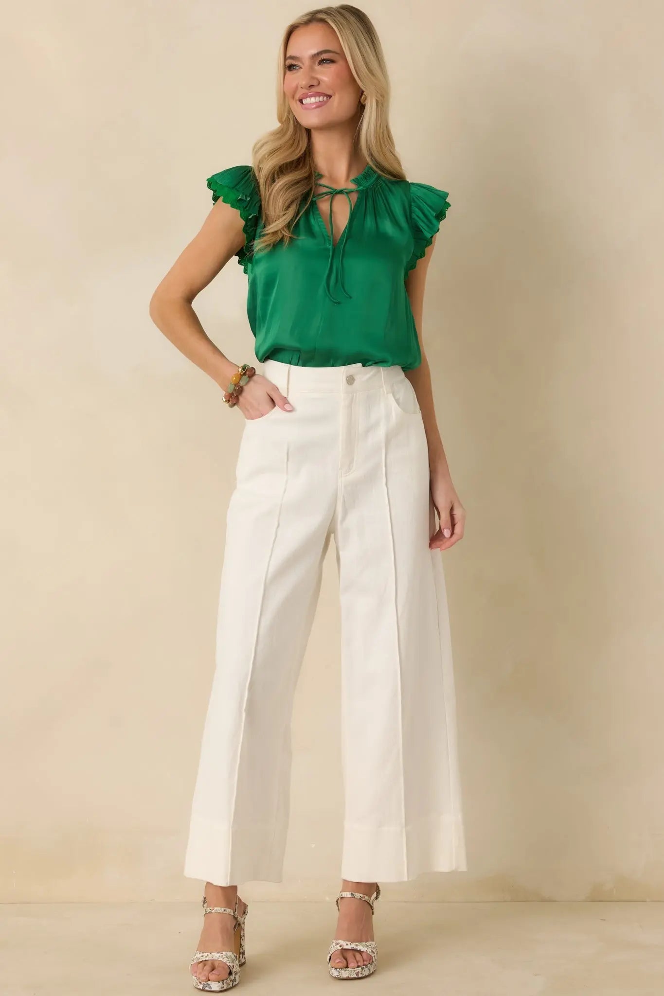 Women's The Way It Unfolded Green Ruffle & Lace Trim V-Neck Blouse | 50% Recycled Polyester & 50% Polyester Contrast: 1 4