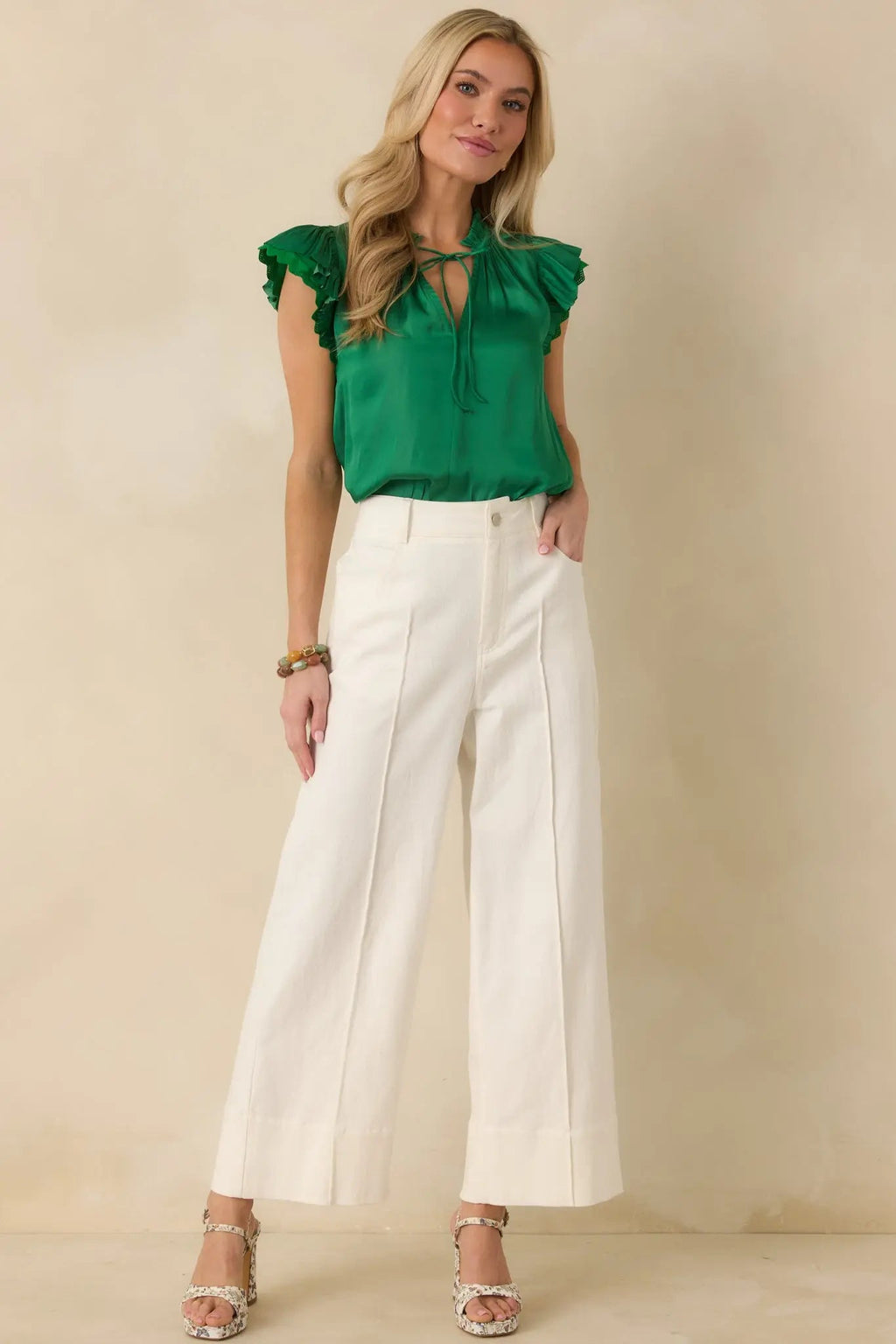 Women's The Way It Unfolded Green Ruffle & Lace Trim V-Neck Blouse | 50% Recycled Polyester & 50% Polyester Contrast: 1 6