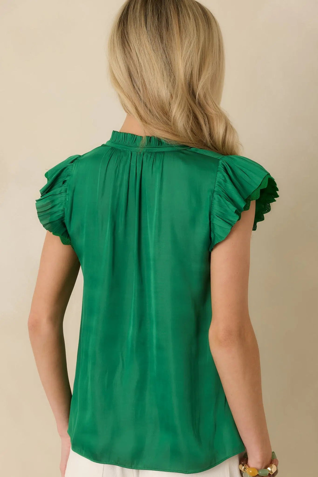 Women's The Way It Unfolded Green Ruffle & Lace Trim V-Neck Blouse | 50% Recycled Polyester & 50% Polyester Contrast: 1 7