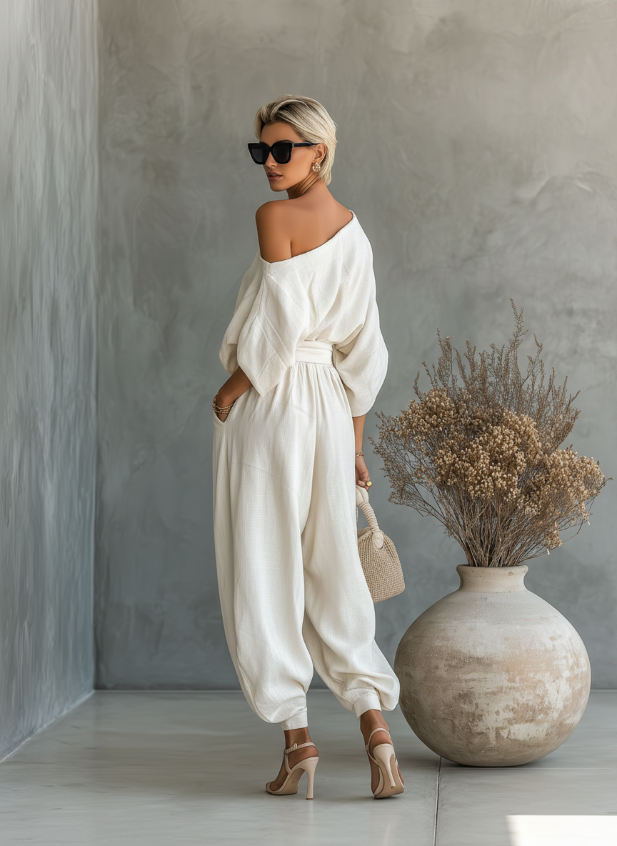 Thessaly – Women's Off Shoulder Loungewear Two Piece Set with Wide...