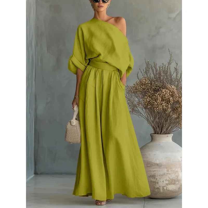 Thessaly – Women's Off Shoulder Loungewear Two Piece Set with Wide...