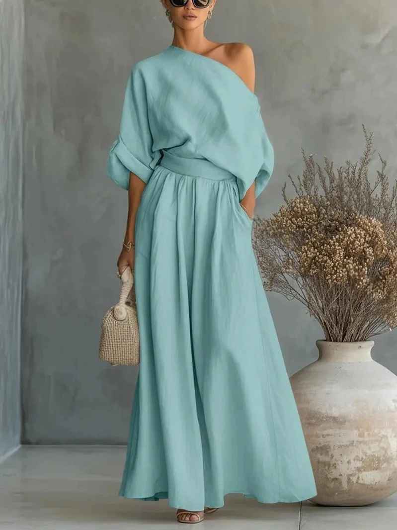 Thessaly – Women's Off Shoulder Loungewear Two Piece Set with Wide...