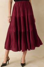 Women's This Feels Right Burgundy Tiered Pleated Midi Skirt | 100% Polyester 0