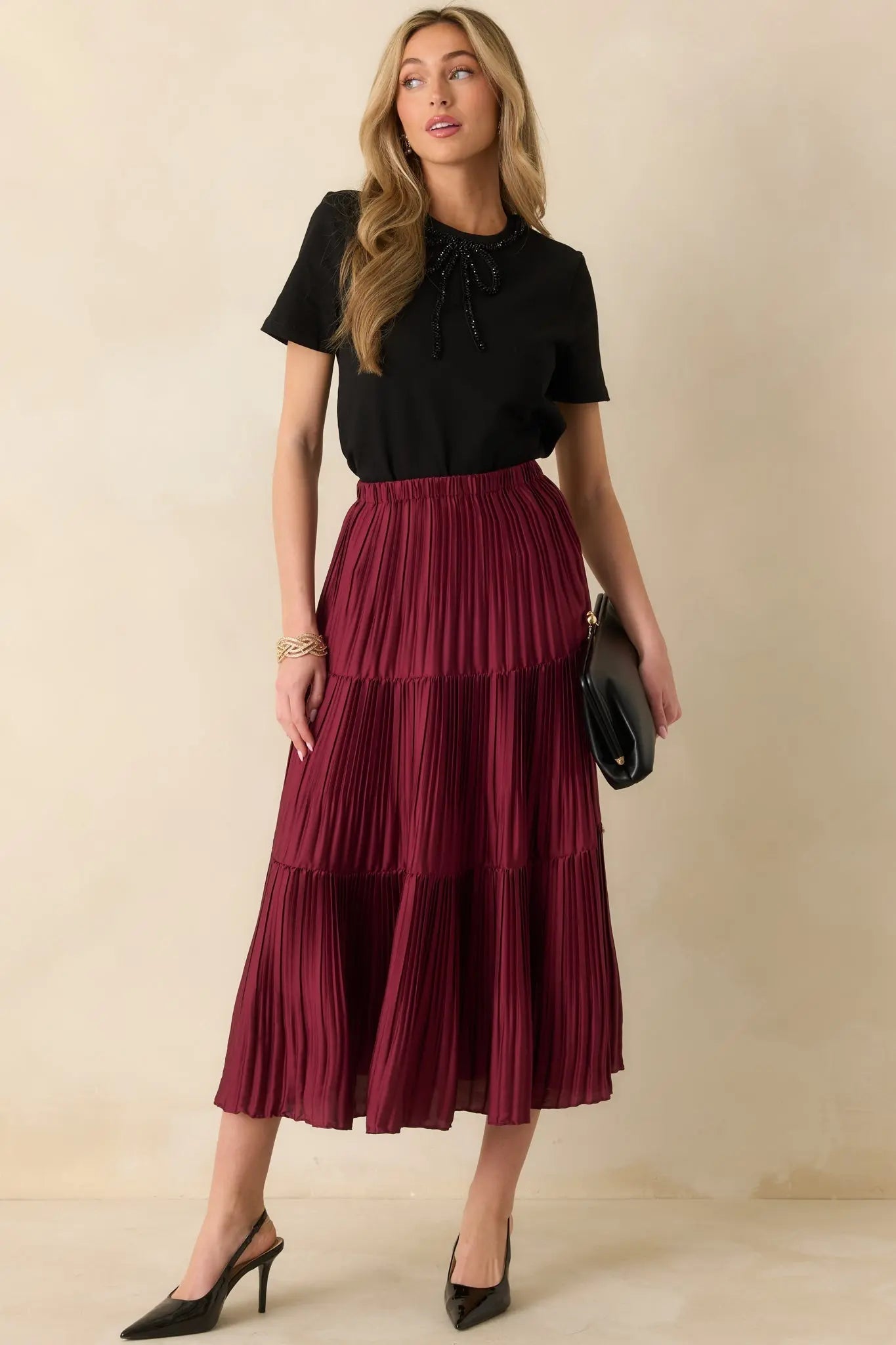 Women's This Feels Right Burgundy Tiered Pleated Midi Skirt | 100% Polyester 2