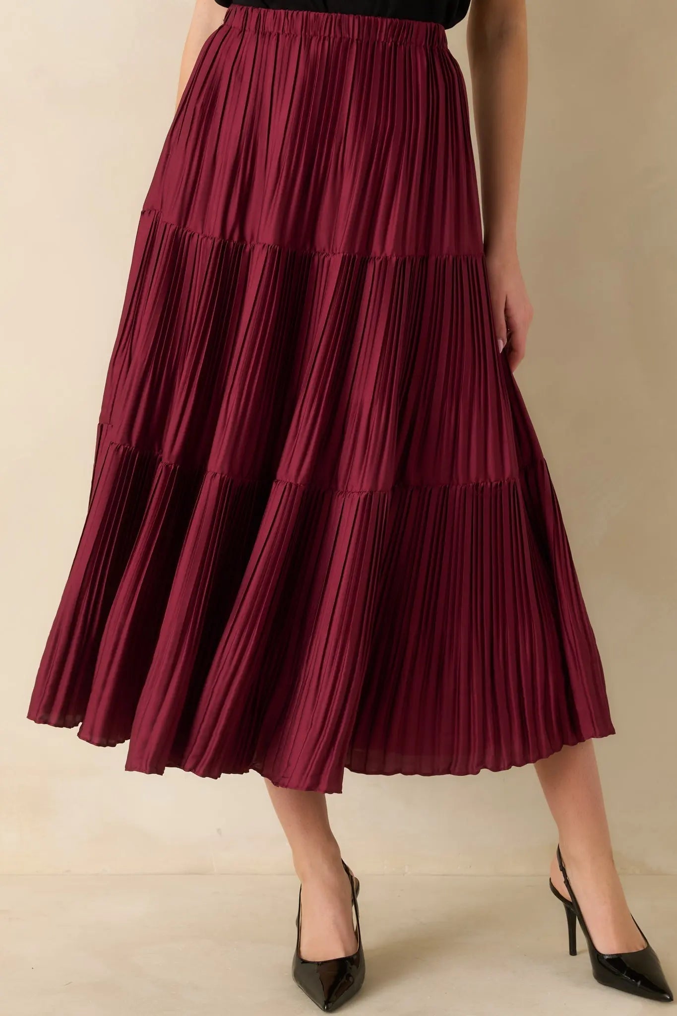 Women's This Feels Right Burgundy Tiered Pleated Midi Skirt | 100% Polyester 3
