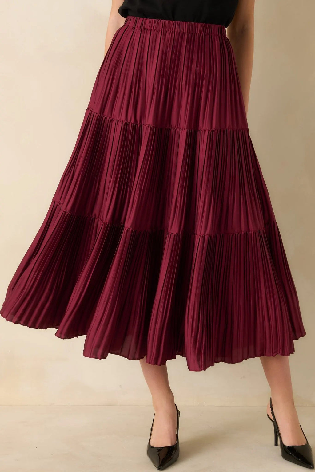 Women's This Feels Right Burgundy Tiered Pleated Midi Skirt | 100% Polyester 4