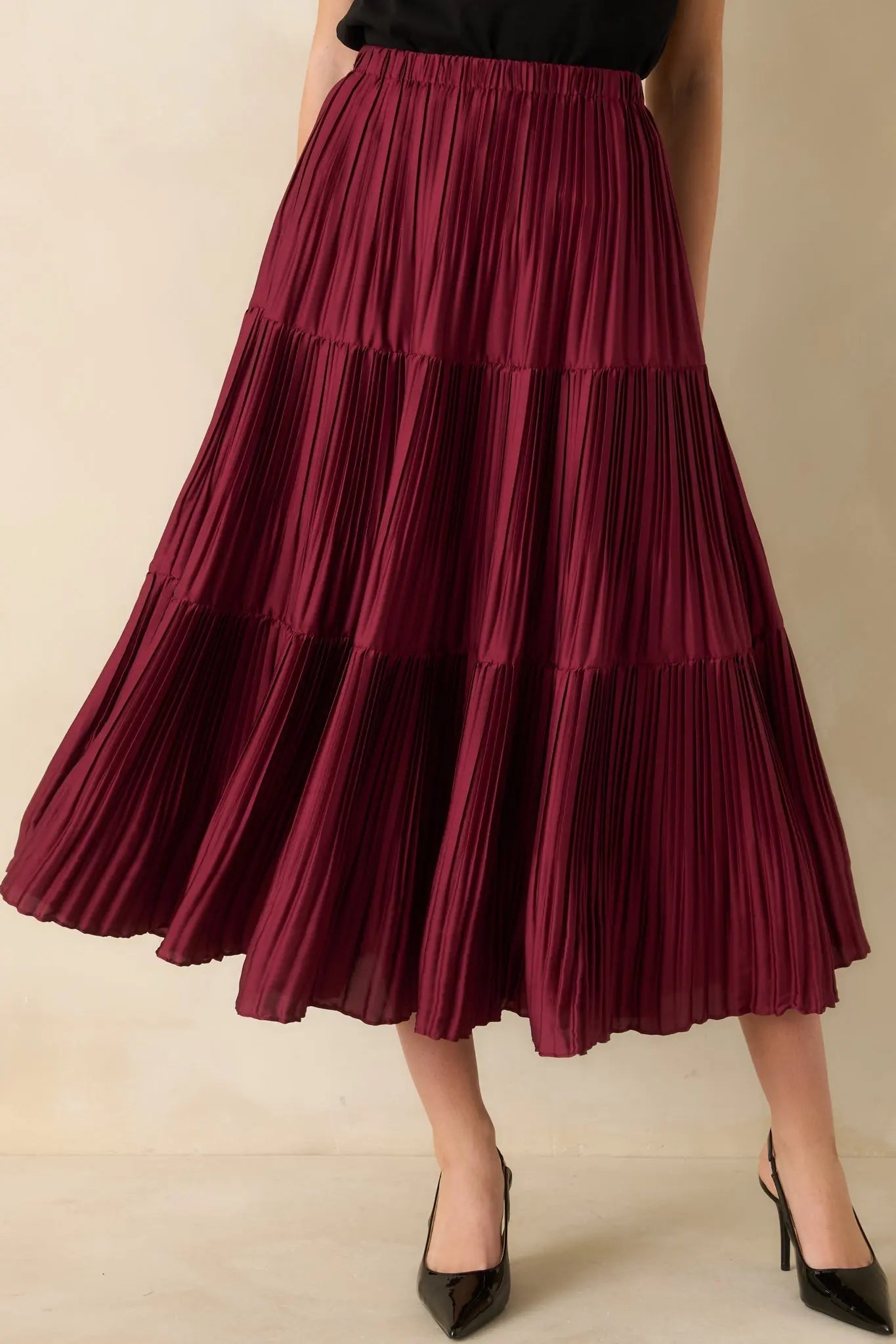 Women's This Feels Right Burgundy Tiered Pleated Midi Skirt | 100% Polyester 4
