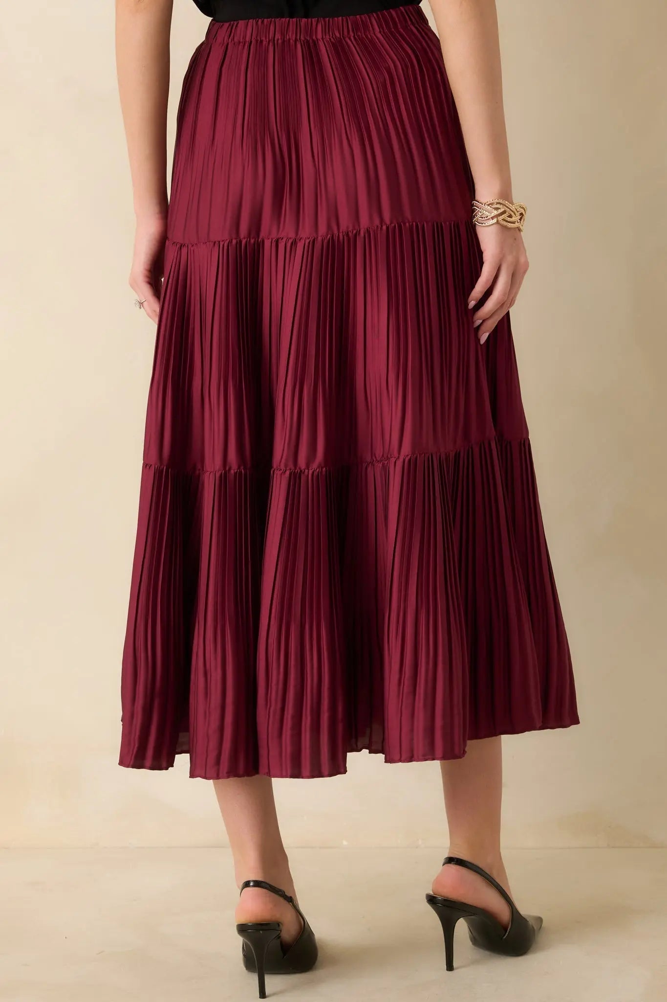 Women's This Feels Right Burgundy Tiered Pleated Midi Skirt | 100% Polyester 5