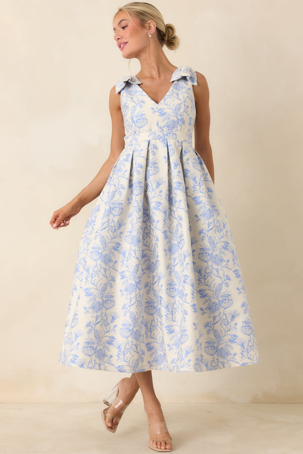 Women's Tie It Up Pretty Blue Floral Bow Strap Midi Dress | 100% Polyester 2