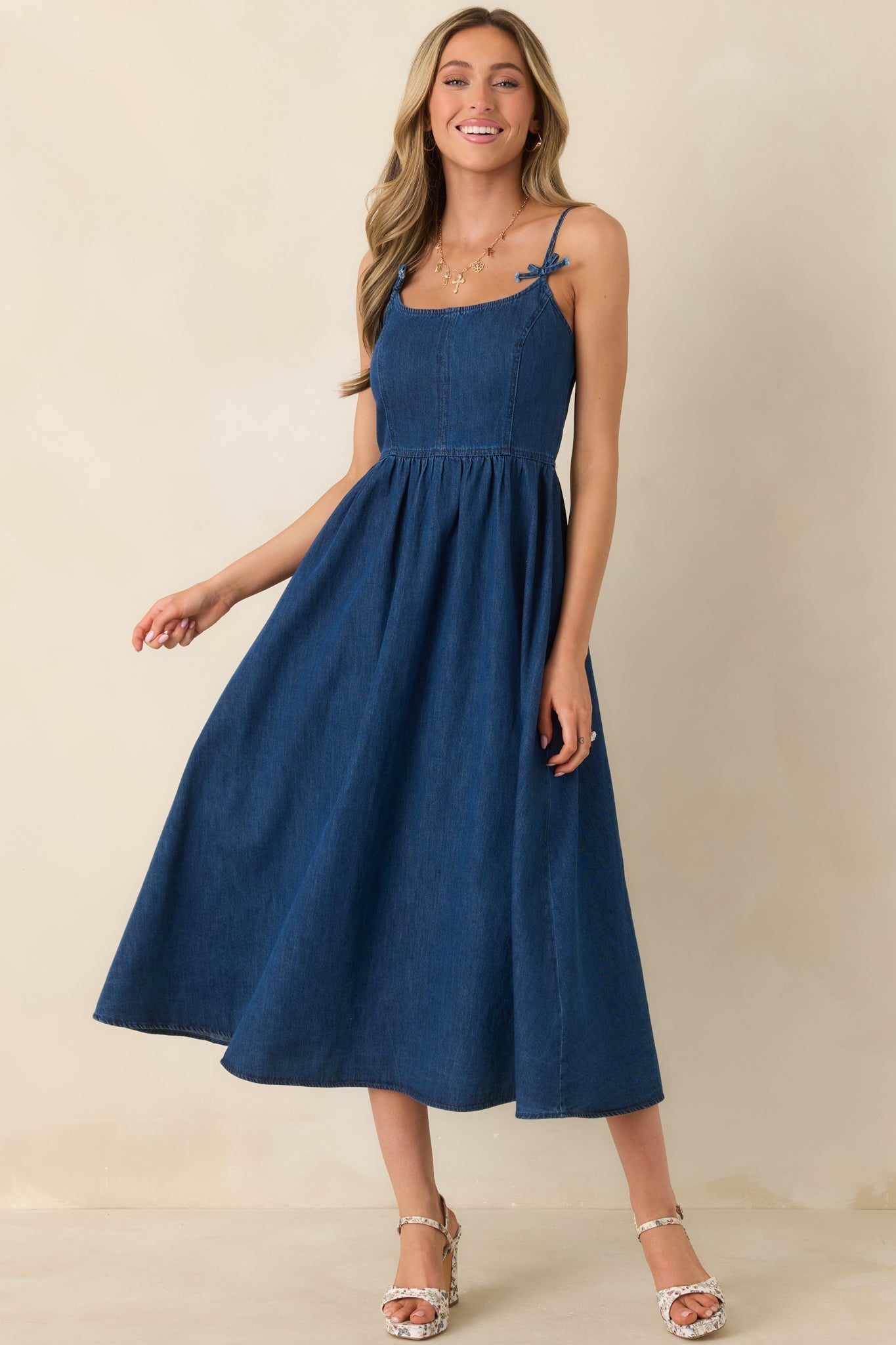 Women's Tied at Twilight Dark Wash Bow Strap Detail Cotton Midi Dress | 100% Cotton 0