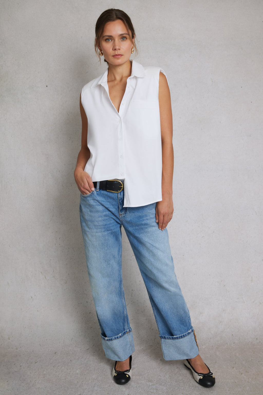 Timeless Collection | Sleeveless White Shirt with Padded Shoulders | Versatile Summer Staple for Effortless Style